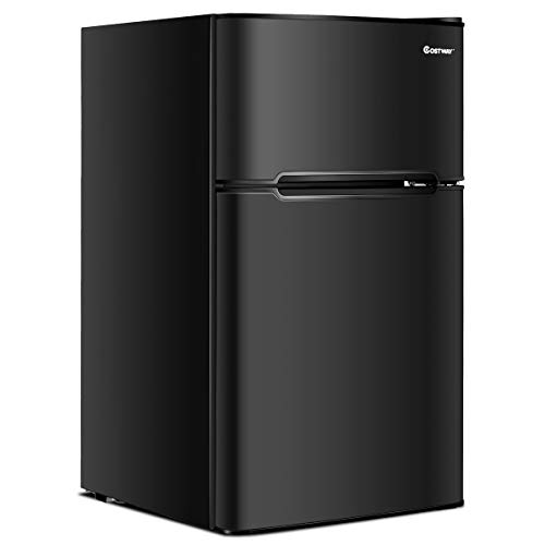 GOPLUS 90L Kühlschrank, Mini-Kühlschrank mit 27L Gefrierfach, Gefrierschrank mit Stahlrahmen & einstellbarem Thermostat, Kühl-Gefrier-Kombination für Zuhause, Büro, Wohnung (Schwarz)
