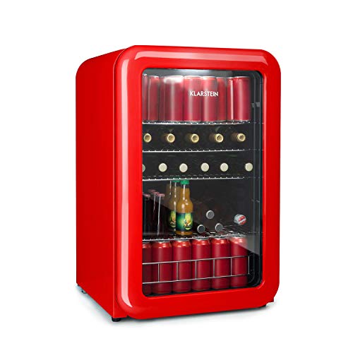 Klarstein PopLife Retro Getränkekühlschrank - 115 Liter, 0-10°C, doppelt verglaster Fronttür, LED-Licht, nur 39 dB, Retro-Kühlschrank, Mini-Kühlschrank, rot