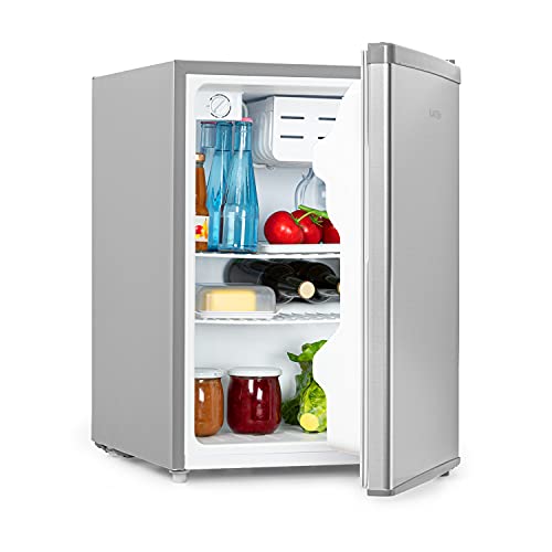 Klarstein Cool Kid - Getränkekühlschrank, Mini-Kühlschrank, Mini-Bar, 66 Liter Volumen, 109 kWh/Jahr, freistehend, 45 x 63 x 51 cm (BxHxT), 42db, grau/Edelstahl gebürstet