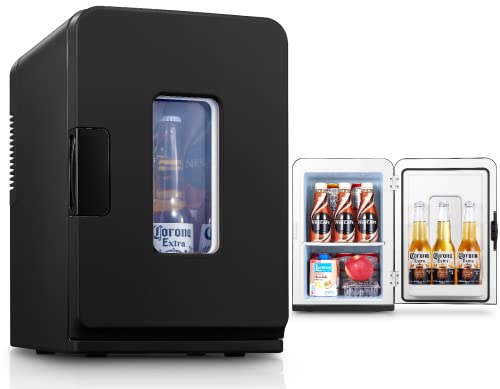 FOHERE 2 in 1 Mini-Kühlschrank, 15 Liter Tragbarer Kühlschrank mit Kühl- und Heizfunktion, 12 V DC/220V AC für Autos, Büros und Schlafzimmer, Eco & Max-Modus, Herausnehmbares Regal (Schwarz)