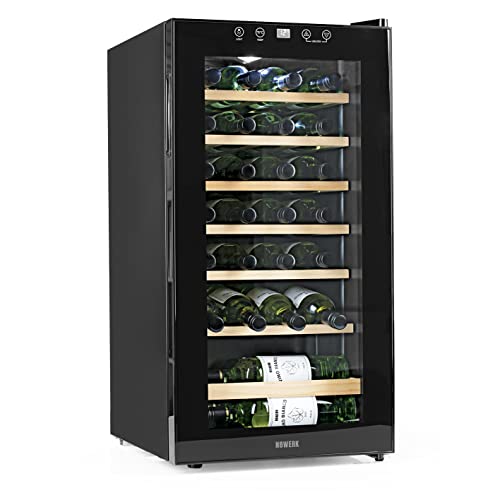N8WERK Weinkühlschrank für bis zu 28 Flaschen Wein | Leise Kompressortechnologie, freistehend, Temperaturbereich 4 °C - 18 °C, mit Thermoverglasung | LC-Display, LED-Beleuchtung