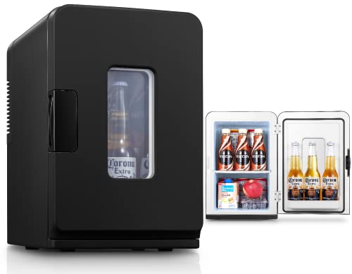 FOHERE 2 in 1 Mini Kühlschrank, 15L Kühlschrank für Zimmer mit Kühl- und Heizfunktion, DC/AC für Autos, Büros und Wohnheim, ECO-Low-Noise-Modus, für Kosmetik und Getränke, Schwarz