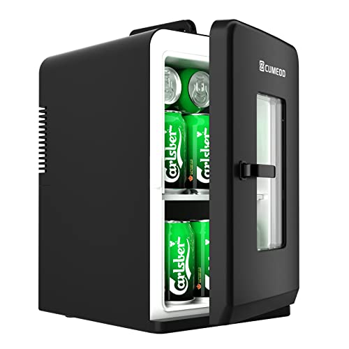 Cumeod 15 Liter/ 21 Dosen Mini Kühlschrank, 2 in 1 Kleiner Kühlschrank mit Kühl- und Heizfunktion, 12V DC/220V AC für Autos, Büros und Schlafsäle, Getränke, Kosmetik, Schwarz, Max- & Eco-Modus