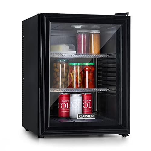 Klarstein Brooklyn Kühlschrank, Mini-Kühlschrank für Zimmer & Büro, Kühlschrank für Getränke Snacks & Kosmetik, Leiser Getränkekühlschrank, Mini Kühlschrank mit Glastüre, Minibar 12-18°C, 42 L