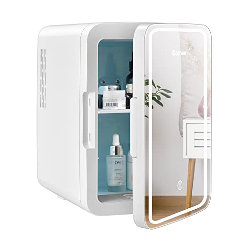 COSTWAY 10L Mini Kühlschrank mit LED Spiegel, Kühl- und Heizfunktion von -5℃~50℃, Tragbarer Kühltruhe Minikühlschränke Kühler Wärmer für Kosmetik, Lebensmittel